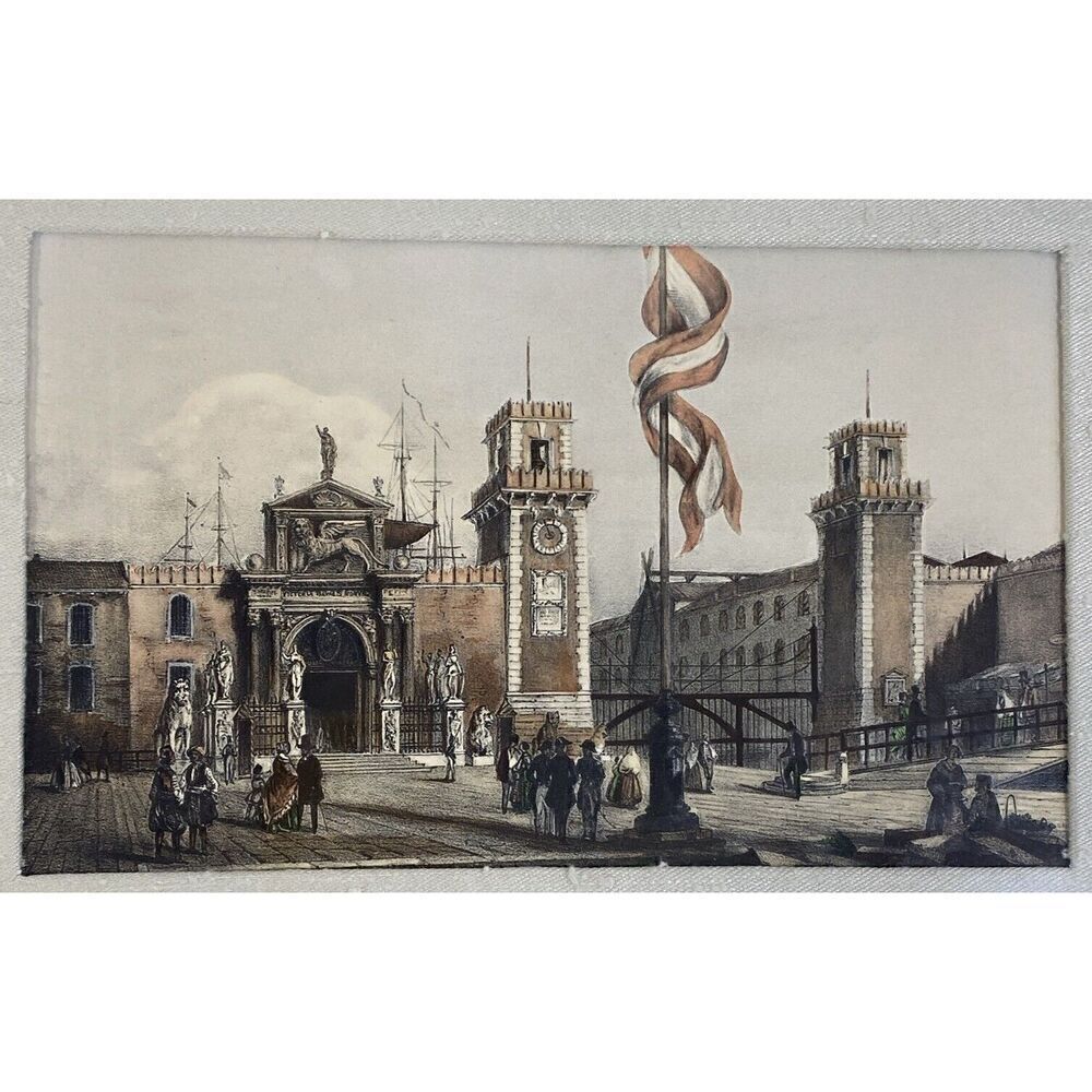 Vintage Framed wall art Lithograph Venice‎ Italy City Landscape L’Arsenal Habnit